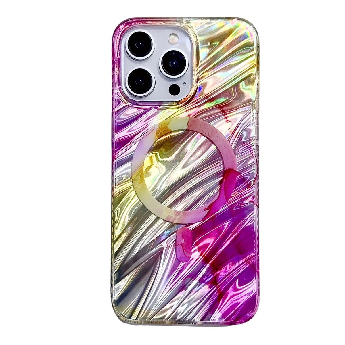 Enhanced Magnetic IMD Case with Glazed Marble Fold Pattern for iPhone 15 Pro Max - Pink
