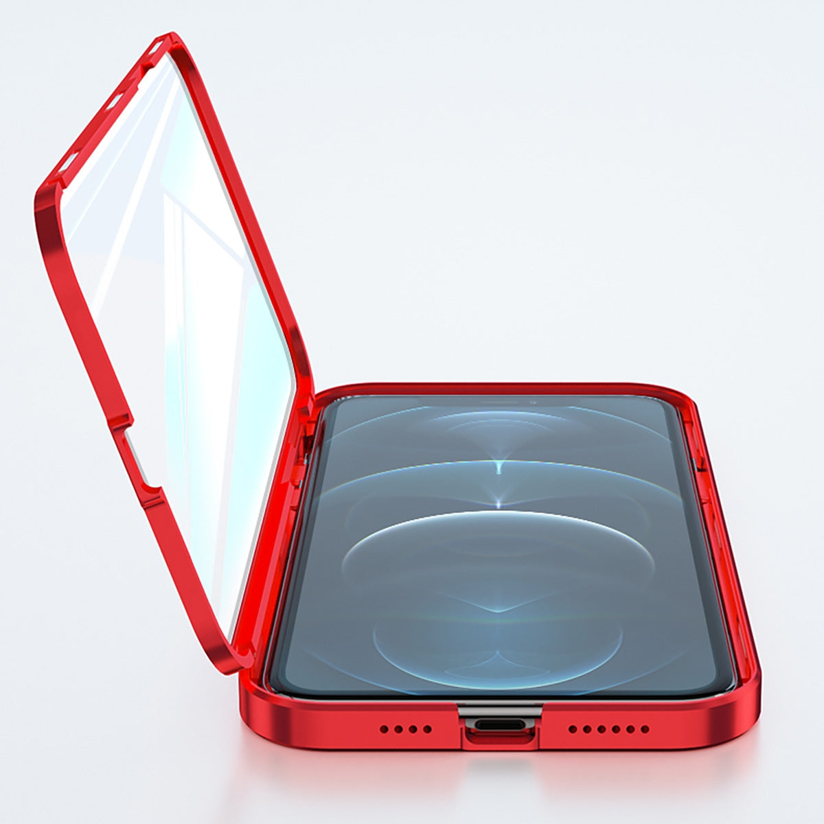 Metal Case with Front and Back Tempered Glass Protector for iPhone 15 - Red