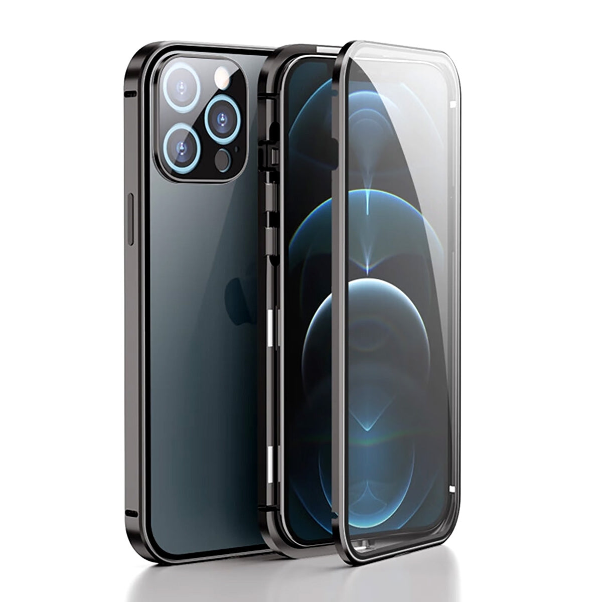 Metal Case with Front and Back Tempered Glass Protector for iPhone 15 Pro - Black