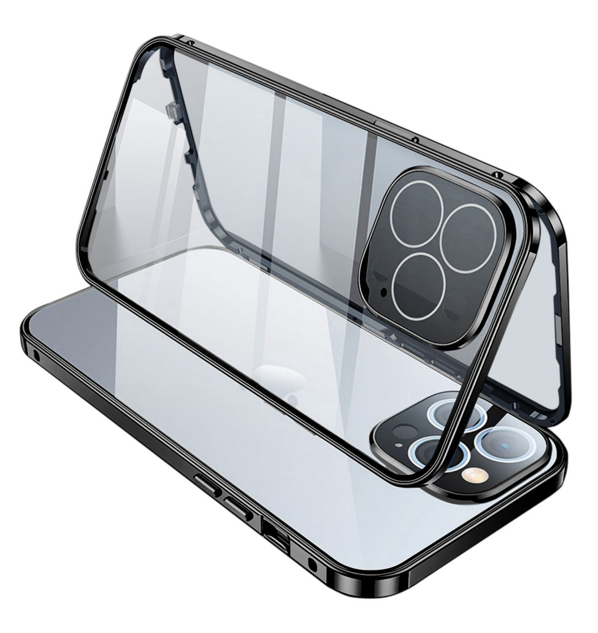 Metal Case with Front and Back Tempered Glass Protector for iPhone 15 Pro - Black