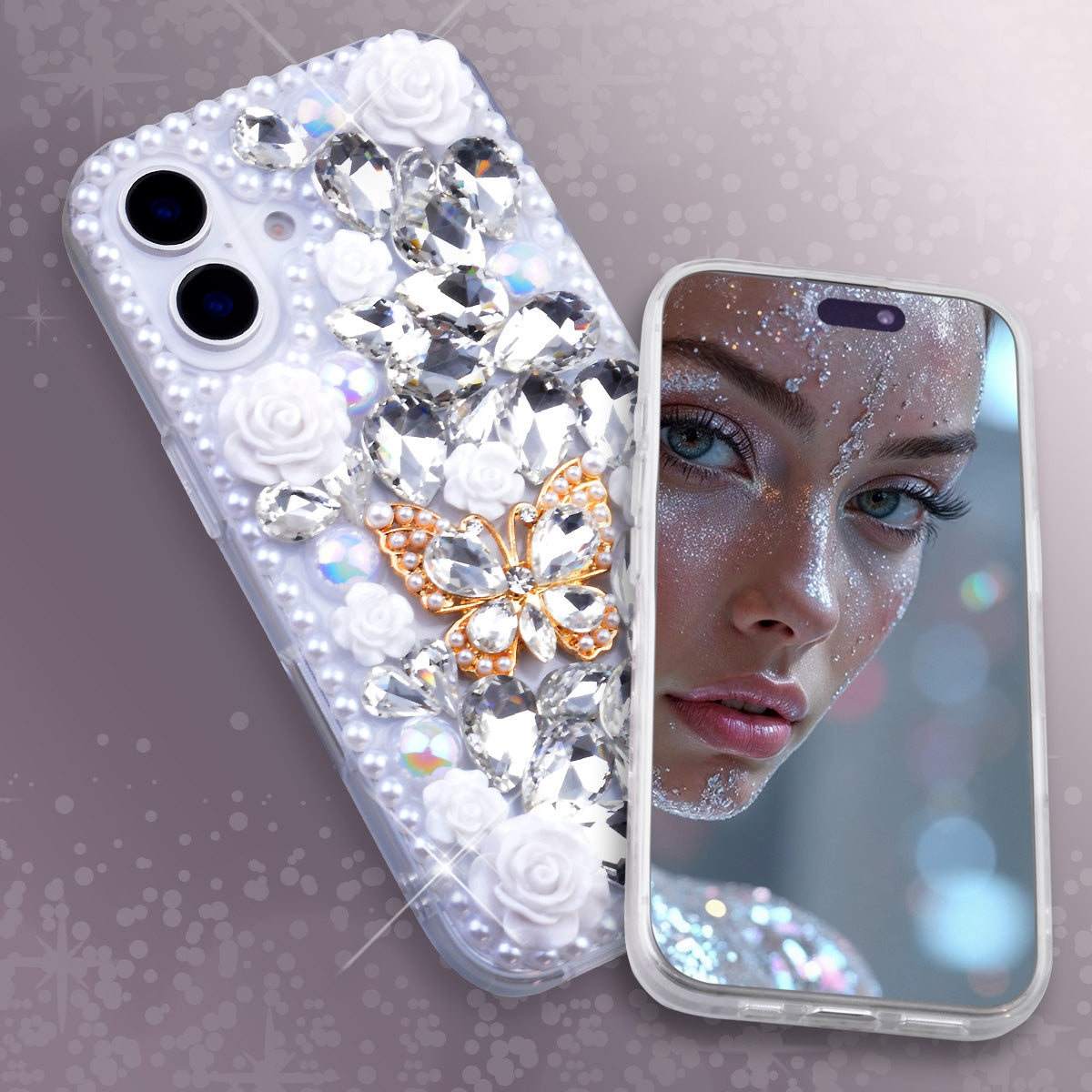 Shiny Diamond Phone Case with Floral and Butterfly Decoration, 3D Luxury Shiny Crystal Rhinestone Pearl Love Rose Protective Case, Compatible with iPhone 16 Pl...