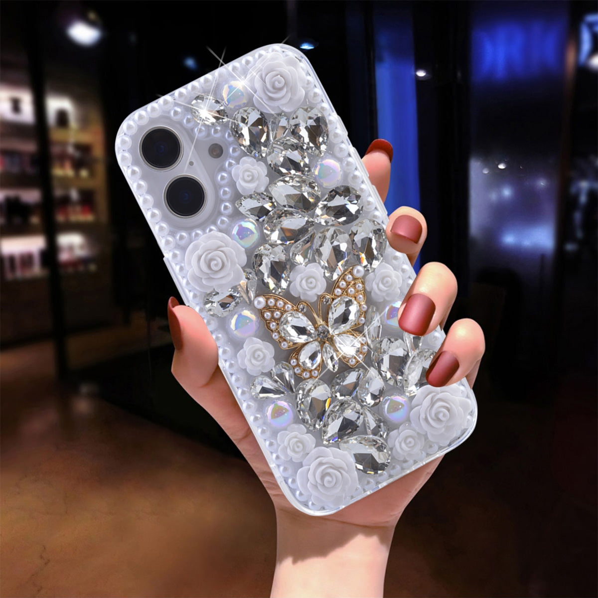 Shiny Diamond Phone Case with Floral and Butterfly Decoration, 3D Luxury Shiny Crystal Rhinestone Pearl Love Rose Protective Case, Compatible with iPhone 16 Pl...