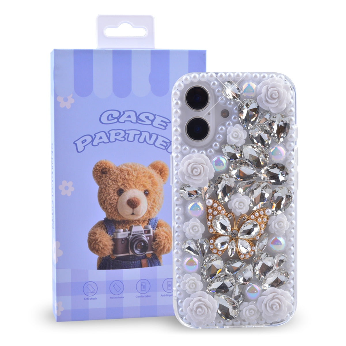 Shiny Diamond Phone Case with Floral and Butterfly Decoration, 3D Luxury Shiny Crystal Rhinestone Pearl Love Rose Protective Case, Compatible with iPhone 16 Pl...