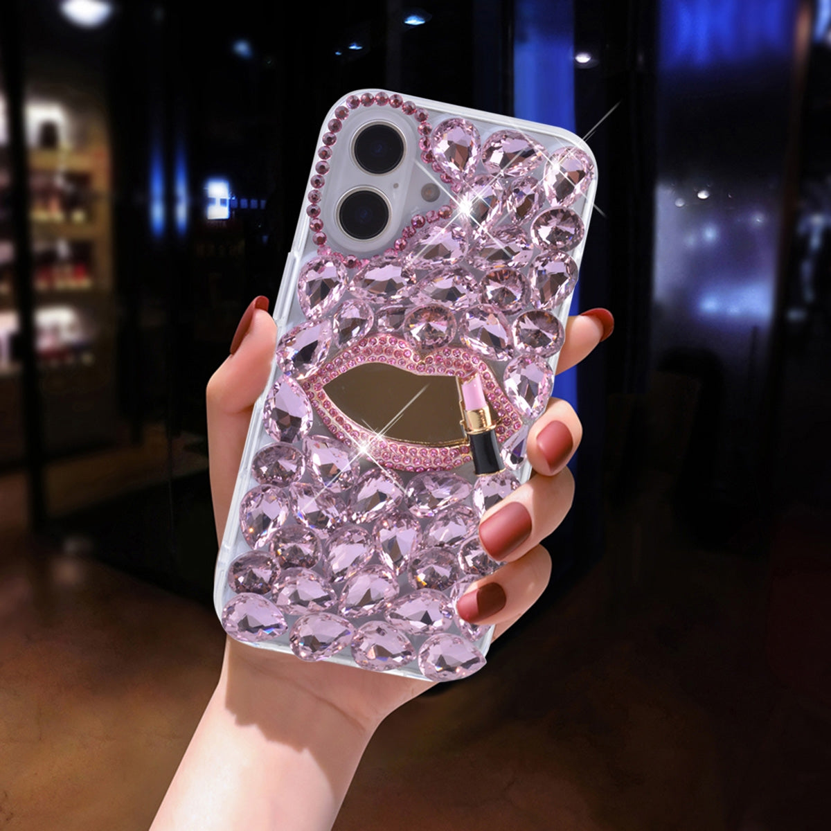 Compatible with iPhone 16 Plus Shiny Crystal Diamond Phone Case, 3D Luxury Lip Makeup (with Mirror) Shiny Crystal Rhinestone Lipstick Case for Girls Women Chil...