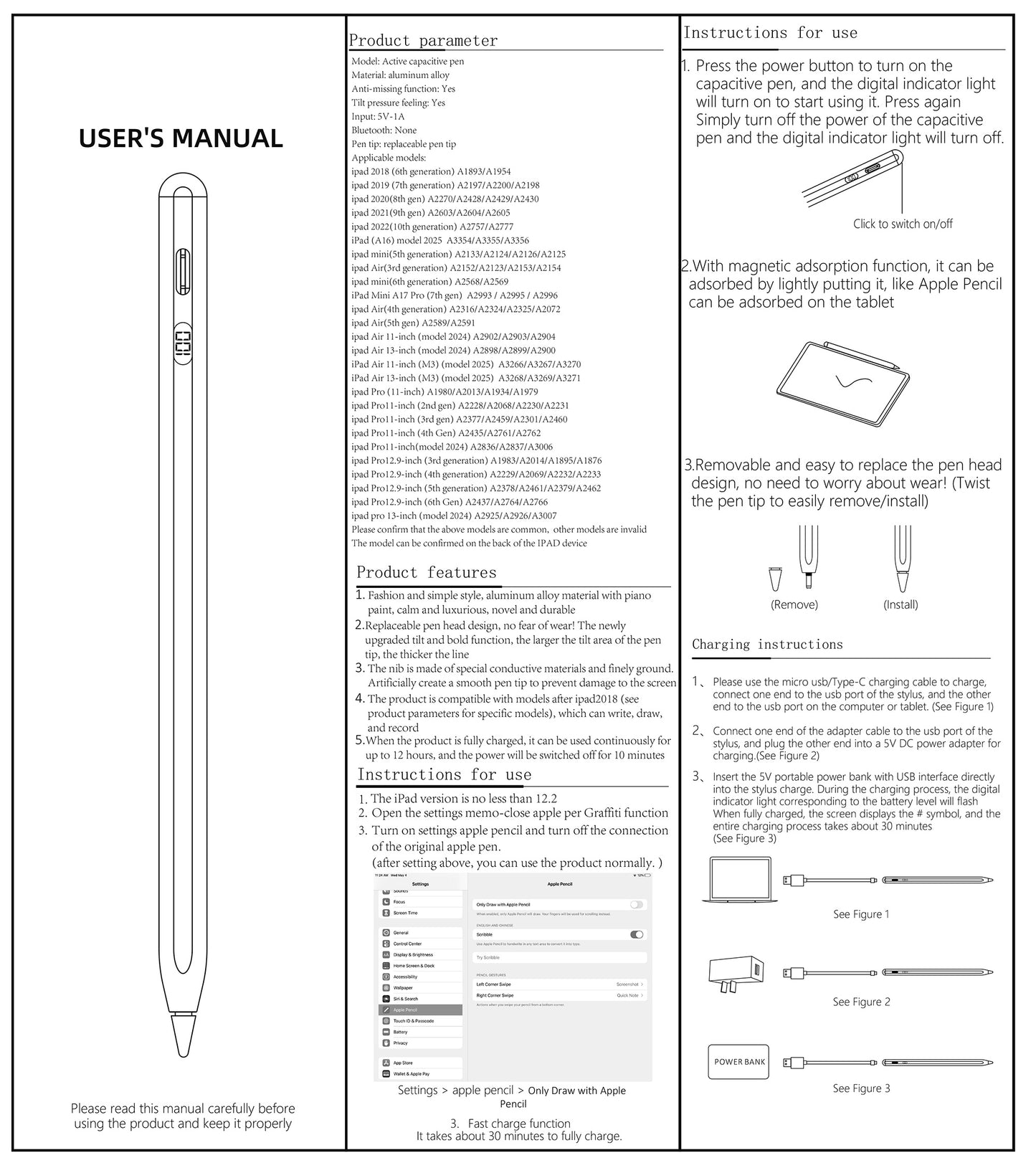 Stylus Pen for iPad 6th-11th Generation, Fast Charge Active Pencil Compatible with 2018-2024 Apple iPad Pro 11/12.9/M4, iPad Air 3/4/5/M2/M3,iPad mini 5/6 Gen ...
