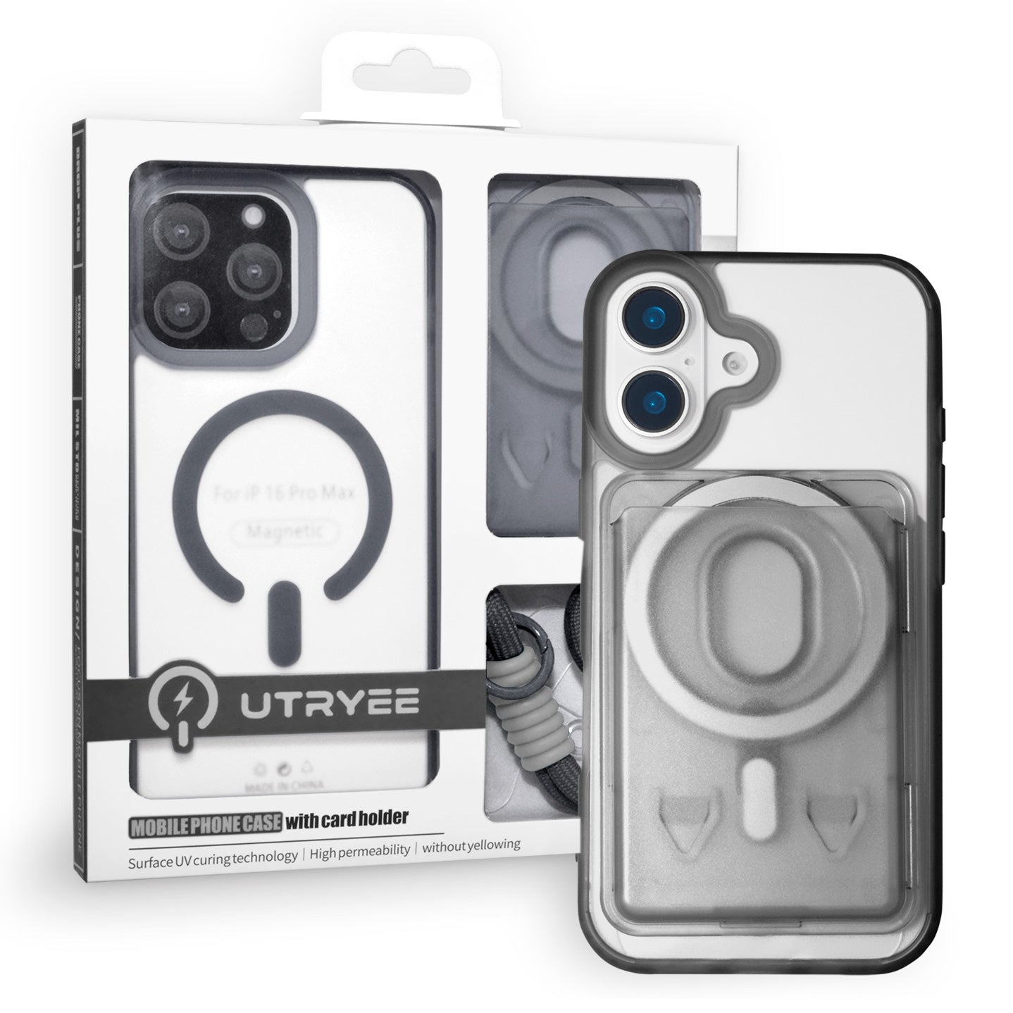 Magnetic Case for iPhone 16 Plus with Card Hold and Lanyard, Translucent Matte Slim Shockproof Compatible with MagSafe - Black