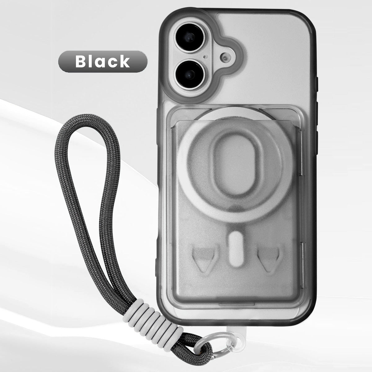 Magnetic Case for iPhone 16 Plus with Card Hold and Lanyard, Translucent Matte Slim Shockproof Compatible with MagSafe - Black