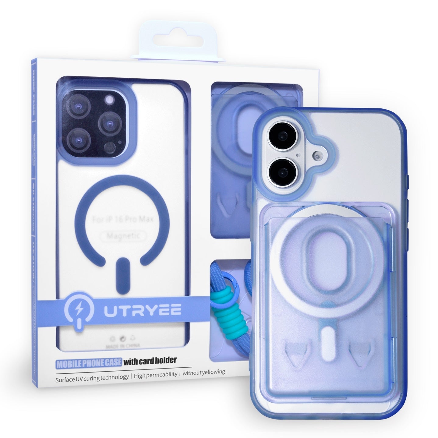 Magnetic Case for iPhone 16 Plus with Card Hold and Lanyard, Translucent Matte Slim Shockproof Compatible with MagSafe - Blue