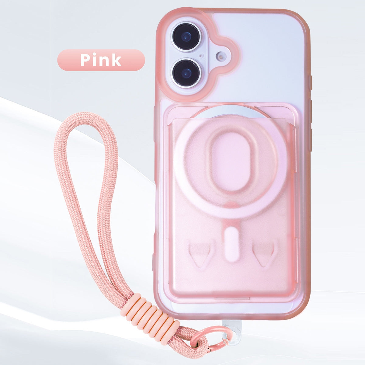 Magnetic Case for iPhone 16 Plus with Card Hold and Lanyard, Translucent Matte Slim Shockproof Compatible with MagSafe - Pink