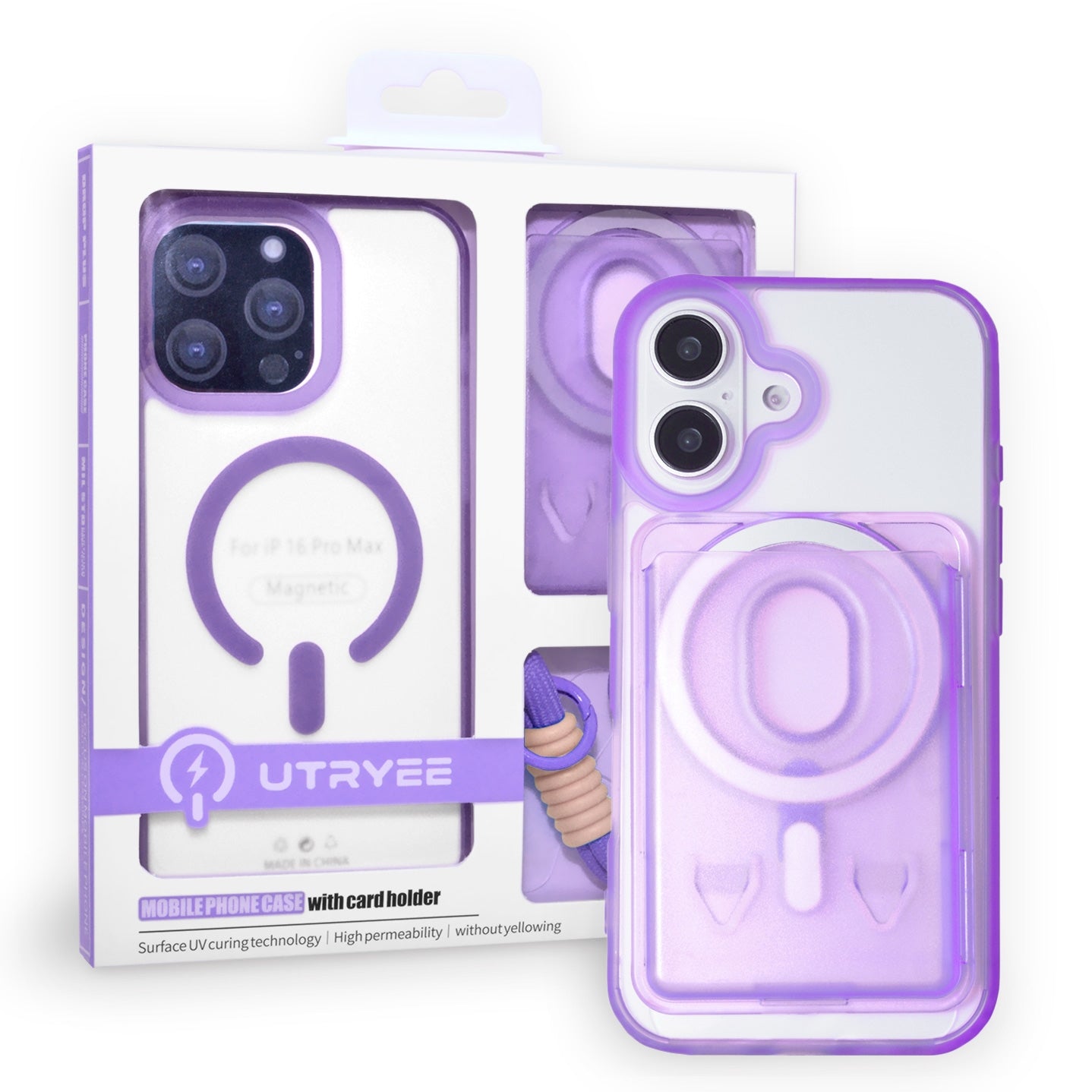 Magnetic Case for iPhone 16 Plus with Card Hold and Lanyard, Translucent Matte Slim Shockproof Compatible with MagSafe - Purple