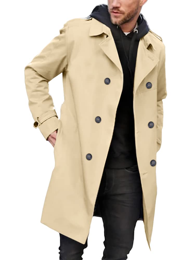 Gafeng Mens Double Breasted Trench Coat Notched Lapel Casual Slim Fit Long Windbreaker Overcoat