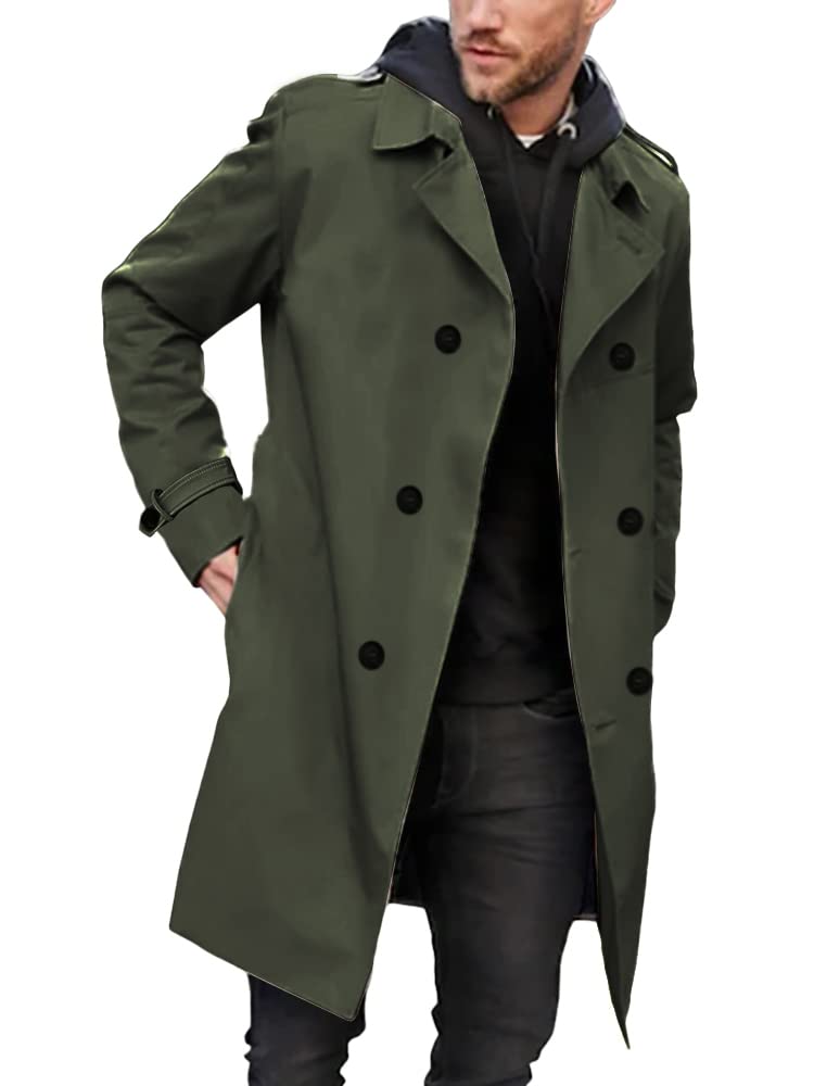 Gafeng Mens Double Breasted Trench Coat Notched Lapel Casual Slim Fit Long Windbreaker Overcoat