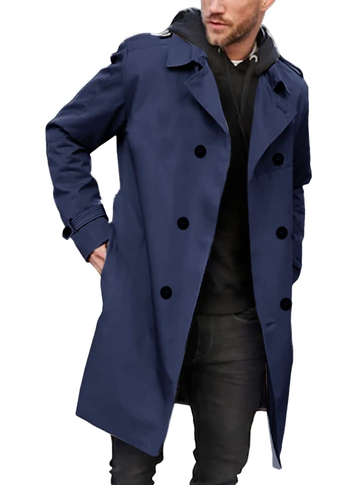 Gafeng Mens Double Breasted Trench Coat Notched Lapel Casual Slim Fit Long Windbreaker Overcoat