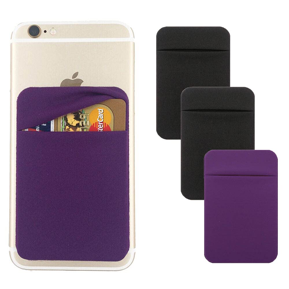 3Pack Cell Phone Card Holder Pocket for Back of Phone,Stretchy Stick on Wallet Credit Card ID Case Pouch Sleeve Self Adhesive Sticker with Flap for iPhone Samsung Galaxy-2Black+1Navy Blue
