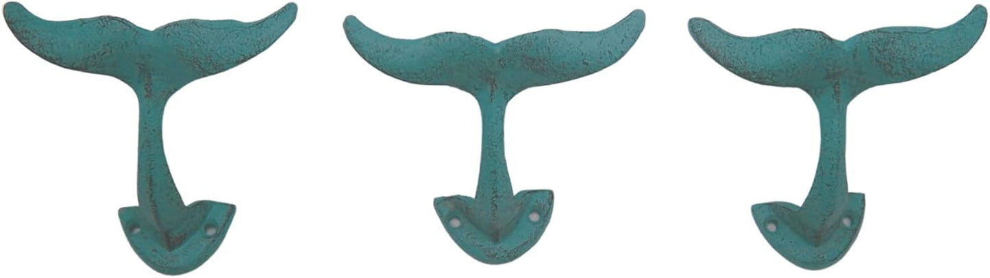 Light Blue Whale Tail Cast Iron Wall Hooks, Wall Mounted for Hanging Coats, Purses, Towels, Hats, Beach Themed Wall Decor, Set of 3, 4.75 Inches High