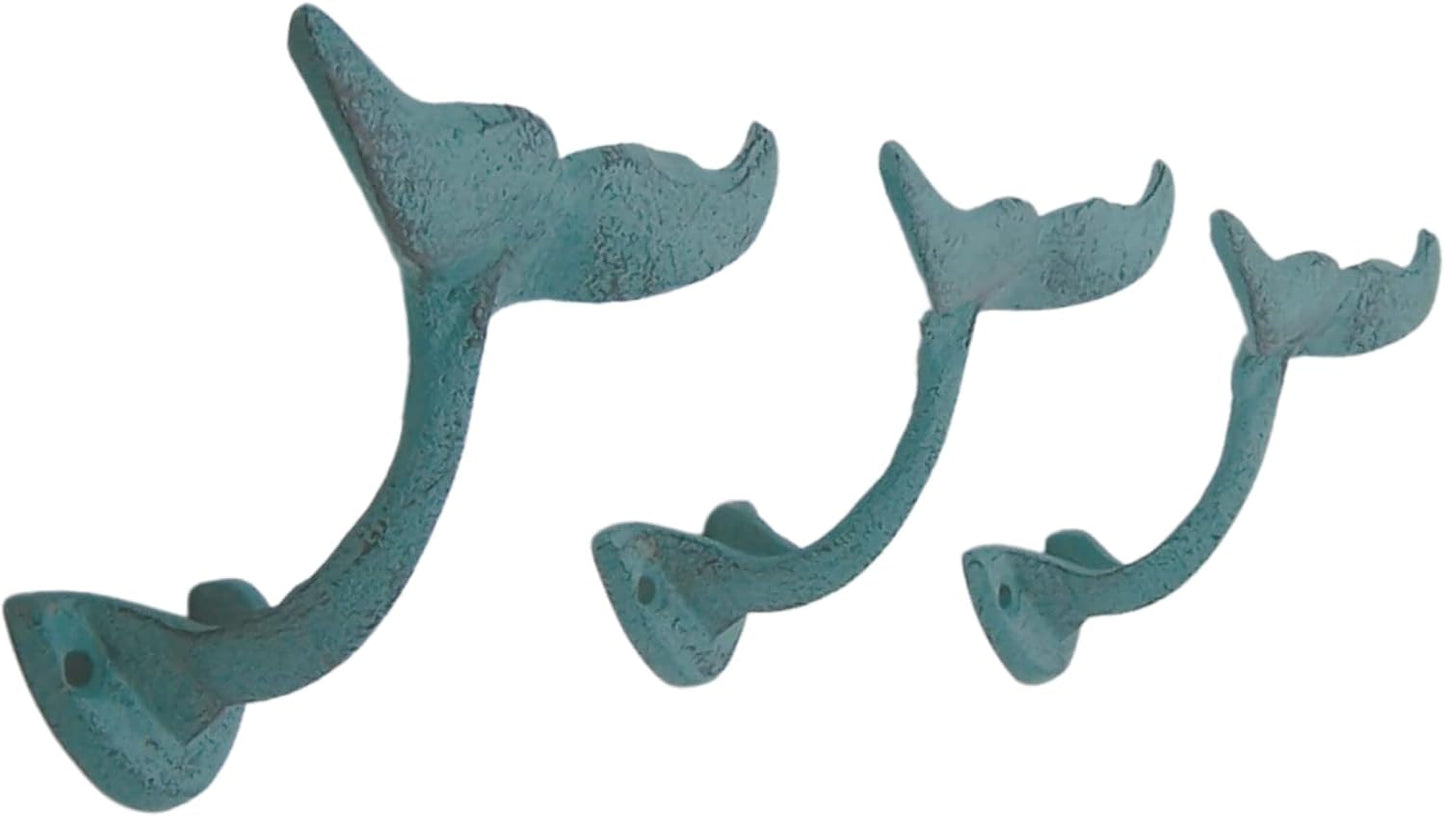 Light Blue Whale Tail Cast Iron Wall Hooks, Wall Mounted for Hanging Coats, Purses, Towels, Hats, Beach Themed Wall Decor, Set of 3, 4.75 Inches High