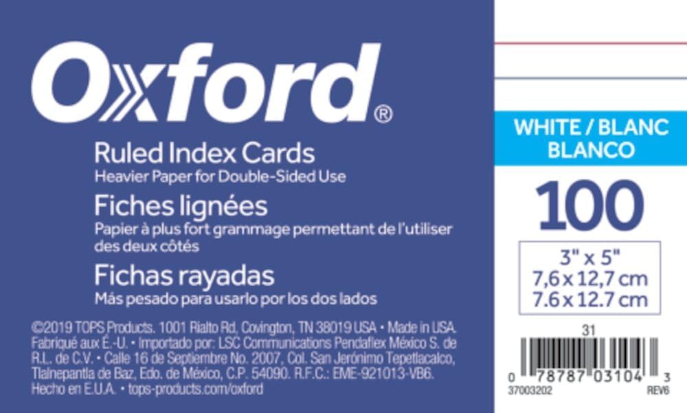 Oxford Ruled Index Cards, 3" x 5", White, 100-Pack (31)