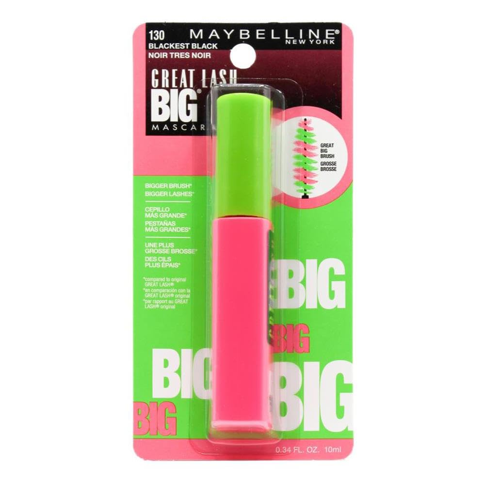 Maybelline Great Lash Washable Mascara Makeup, Volumizing Lash-Doubling Formula That Conditions As It Thickens, Blackest Black, 1 Count