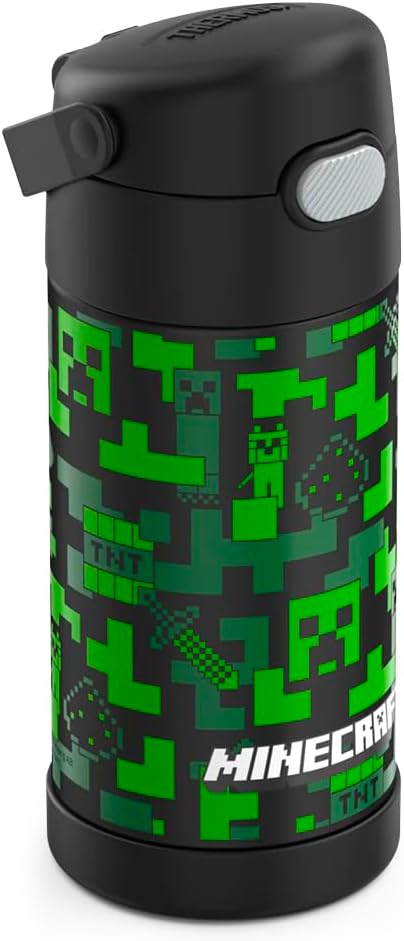THERMOS FUNTAINER Water Bottle with Straw - 12 Ounce - Kids Stainless Steel Vacuum Insulated Water Bottle with Lid, Minecraft