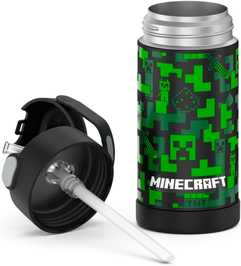 THERMOS FUNTAINER Water Bottle with Straw - 12 Ounce - Kids Stainless Steel Vacuum Insulated Water Bottle with Lid, Minecraft