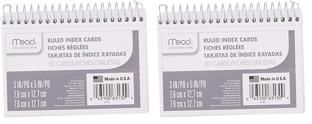 Mead Index Cards, Spiral, Ruled, 3" x 5", White, Blank Back, 50 Cards per Pack, 1 Pack (63130)
