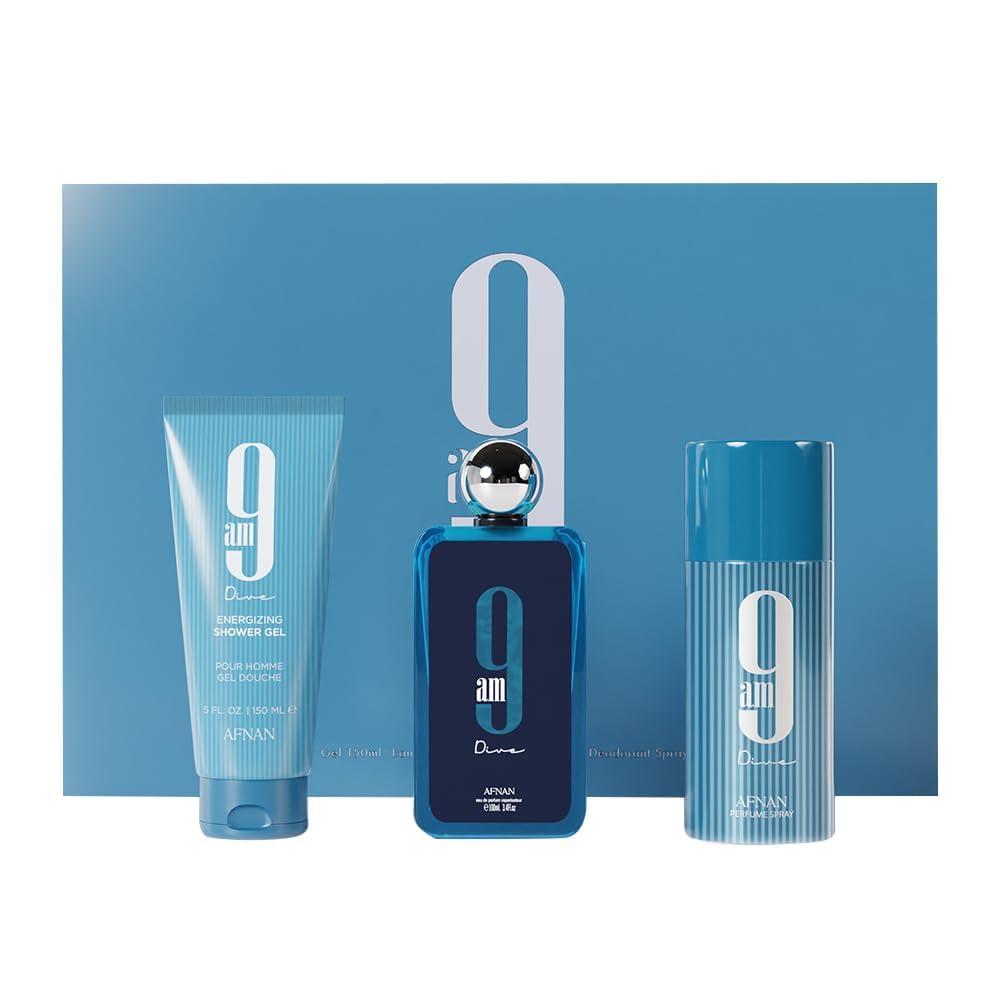 Afnan 9 Am Dive 3-Piece Set for Unisex, (3.4 Oz Eau De Parfum Spray + 5.0 Oz Shower Gel + 5.0 Oz Deodorant)