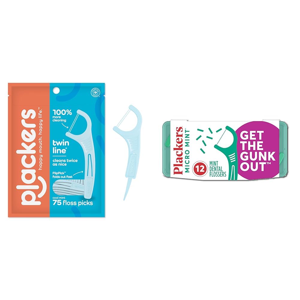 Plackers Twin-Line Dental Flossers, Cool Mint Flavor, Dual Action Flossing System, Easy Storage, Super Tuffloss, 2X The Clean, 75 Count