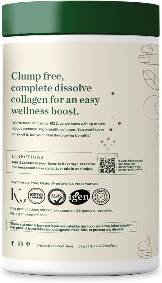 Great Lakes Wellness Collagen Peptides Powder for Skin, Hair, Nails, Joints & Digestion - Unflavored - Quick Dissolve Hydrolyzed, Non-GMO, Keto, Kosher - 16oz