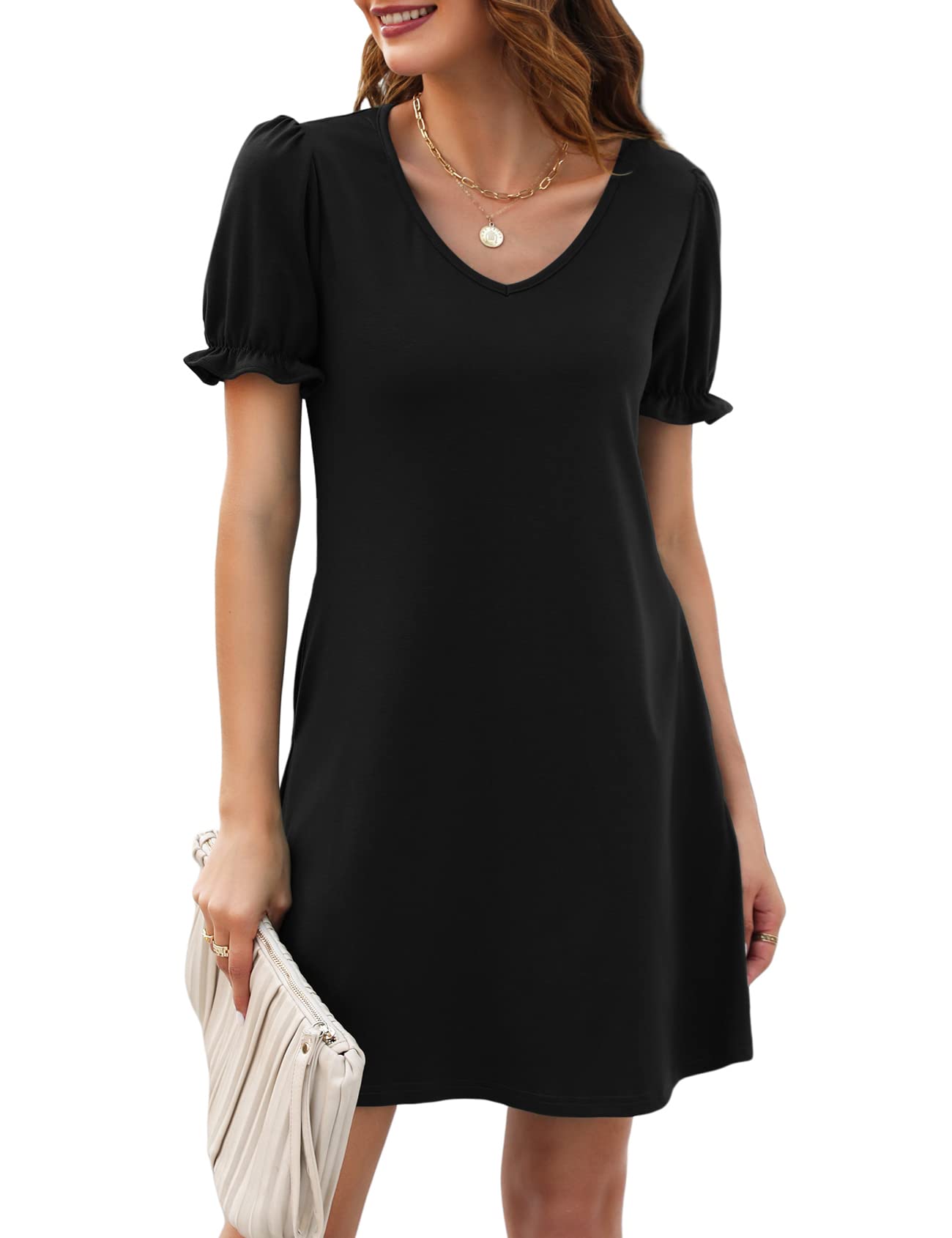 Halife Womens Summer Dresses Casual Puff Short Sleeve V-Neck T Shirt Dress with Pockets