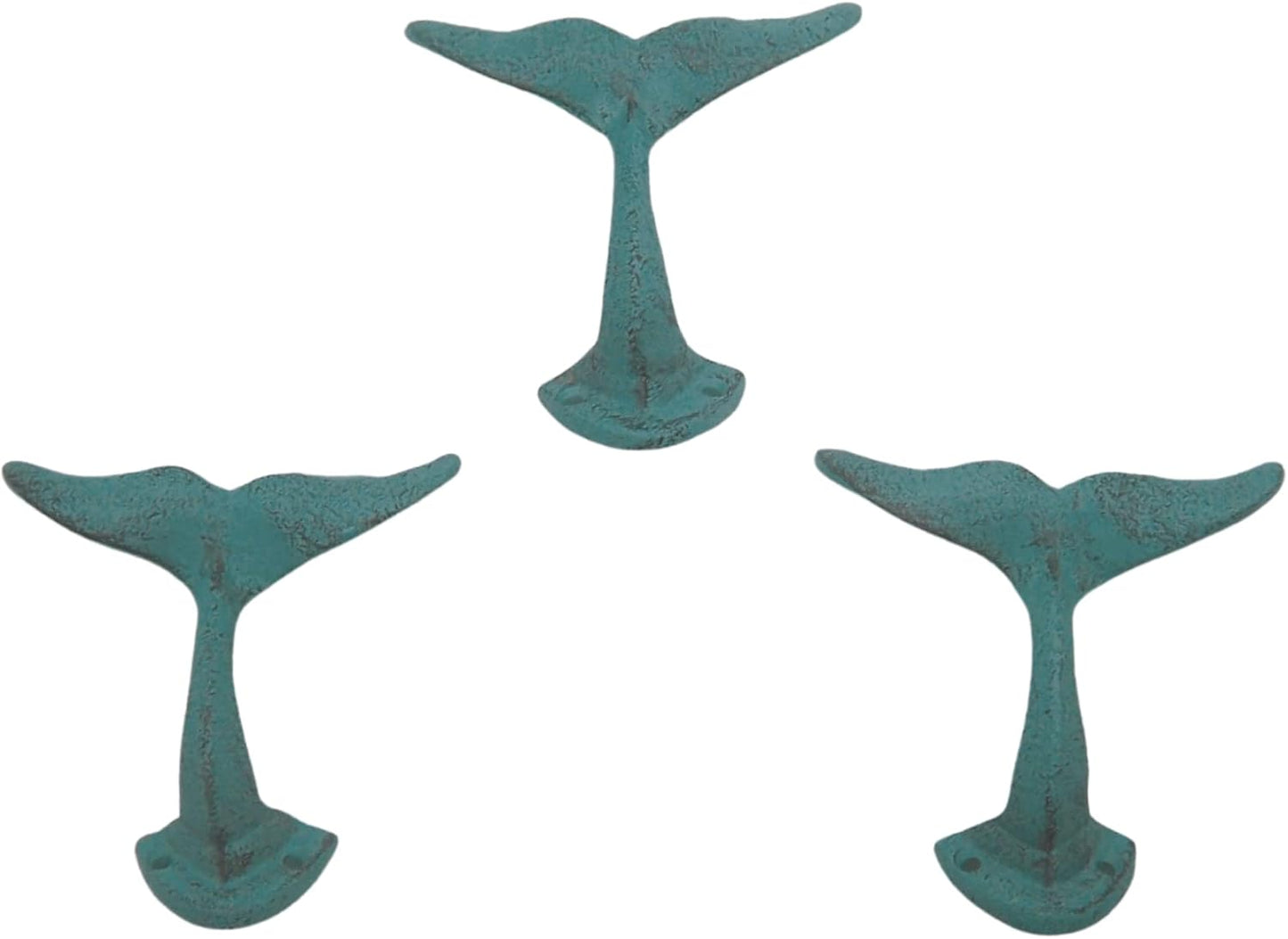 Light Blue Whale Tail Cast Iron Wall Hooks, Wall Mounted for Hanging Coats, Purses, Towels, Hats, Beach Themed Wall Decor, Set of 3, 4.75 Inches High