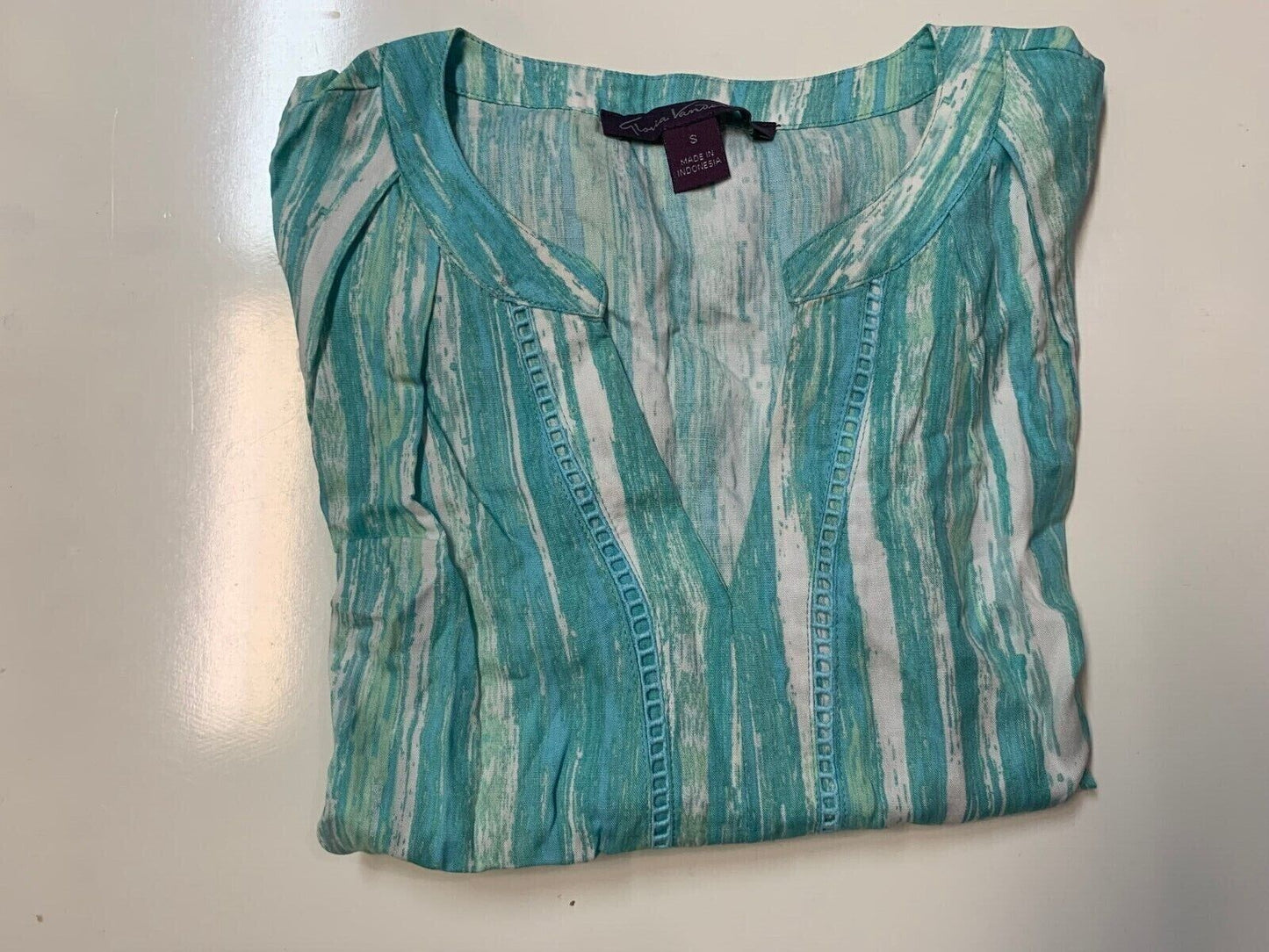 Gloria Vanderbilt Women's Nova Flutter Sleeve Blouse - Paint Flow Aqua Mist - S