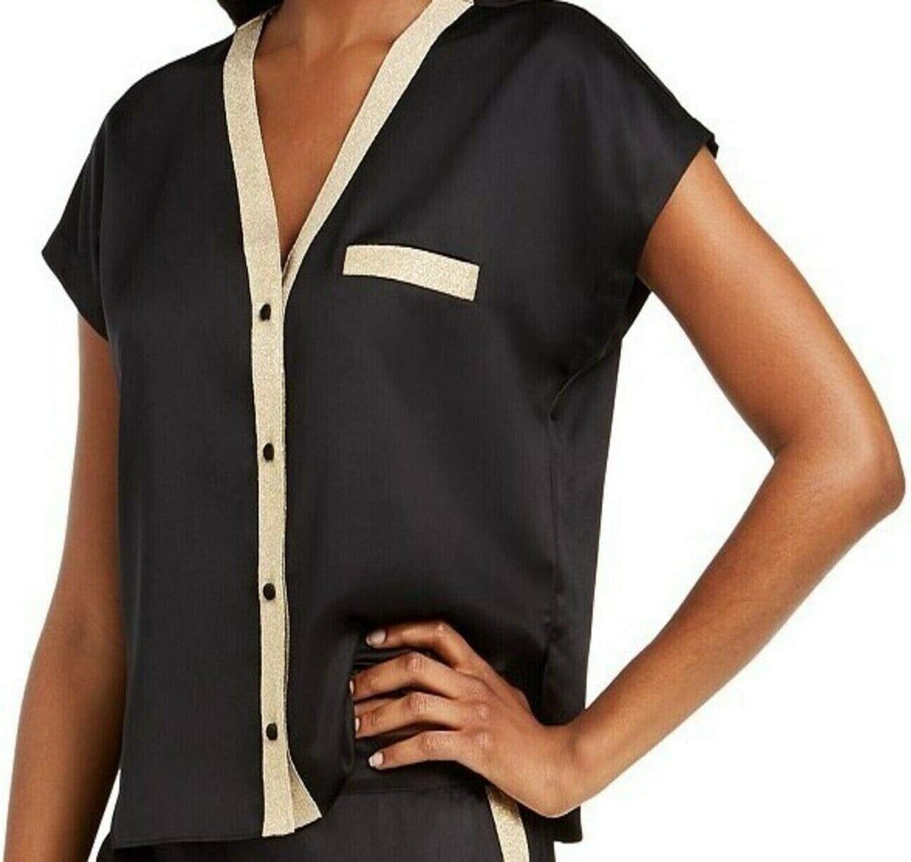 INC Women's Metallic Tuxedo Stripe Satin Pajamas Top, Black, S "TOP ONLY"