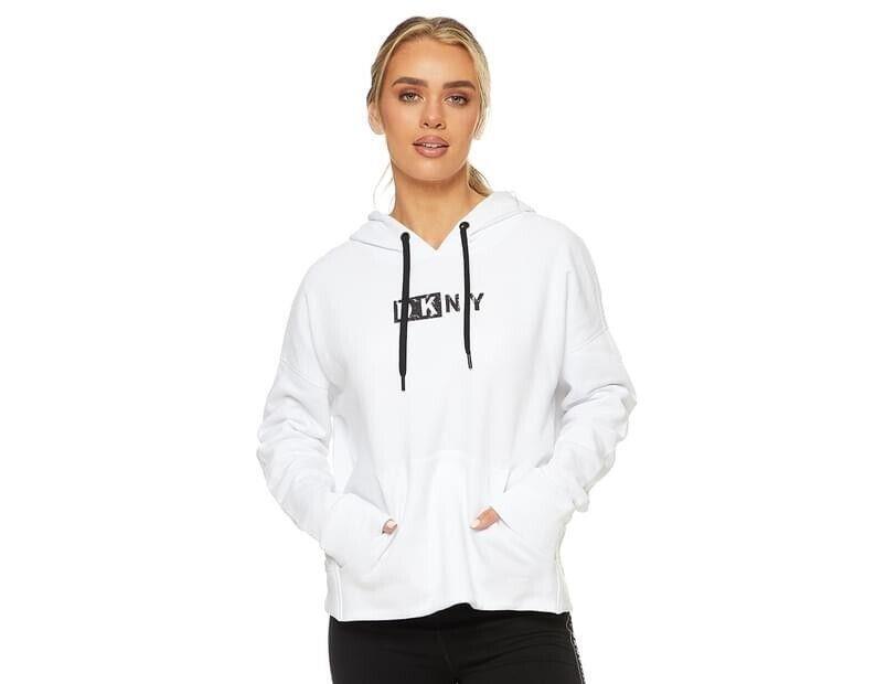 DKNY Sport Women's Pigment Dyed Two Tone Logo Distressed Hoodie, WHITE, S