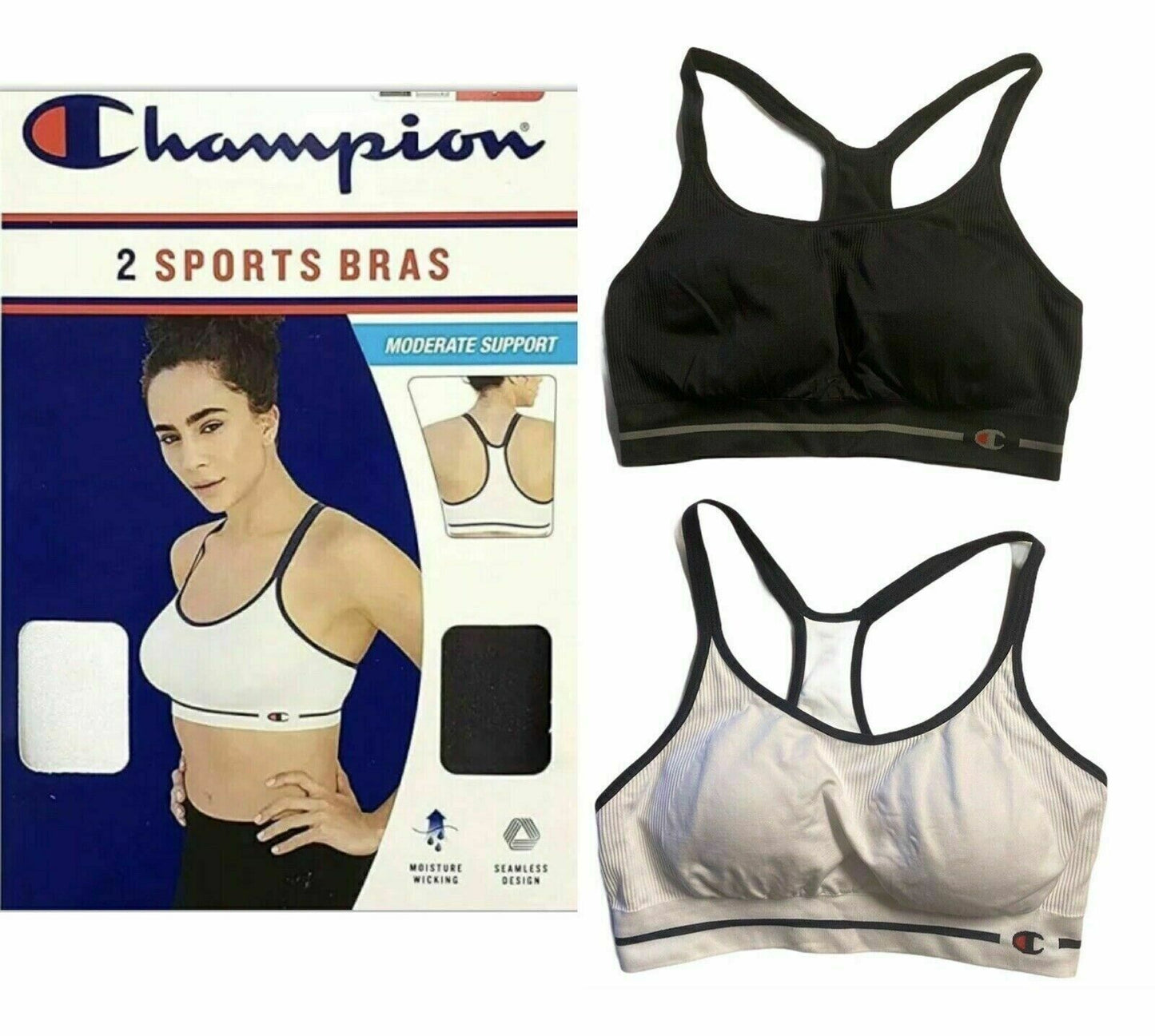 Champion Women's 2 Pack Seamless Sport Bras (Large, White/Black)