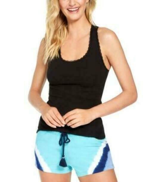 Jenni Ladies Ribbed Lace-Trim Tank Top, DEEP BLACK, XS