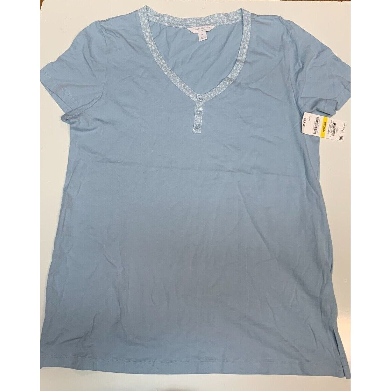 Charter Club Womens Cotton Knit V-Neck Pajama TOP, Blue Tiny Flowers, Medium