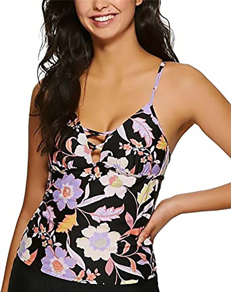 Hula Honey Swimwear Top Junior Tankni Floral Print Black XS