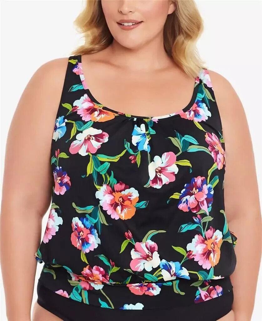 Swim Solutions Shirred Neck Blouson Underwire Tankini Top, MULTI, 18W