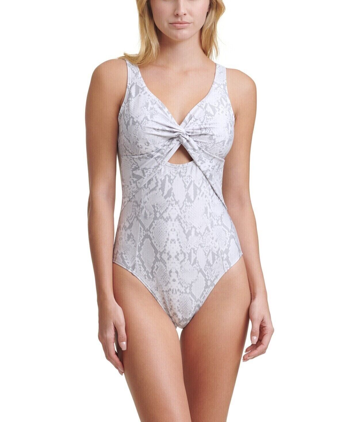 DKNY Women's Twist Front Peekaboo One Piece Swimsuit (Snake Grey, 16)