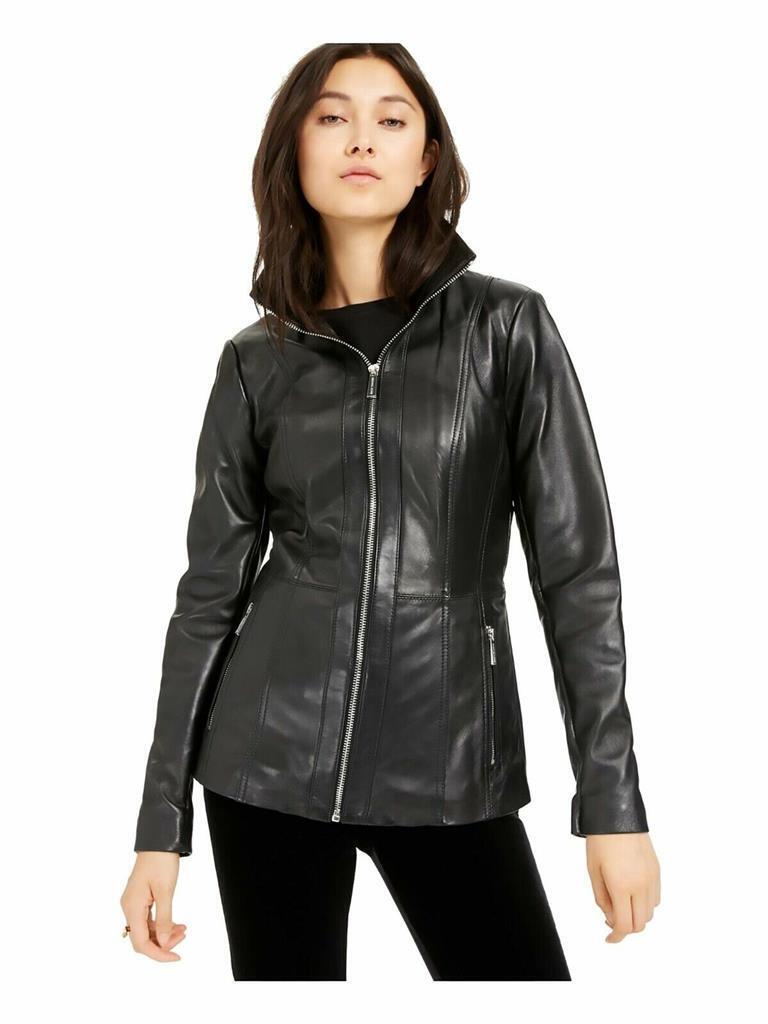MICHAEL KORS Womens Leather Zip Up Scuba Jacket, BLACK, XS MSRP:$450.00