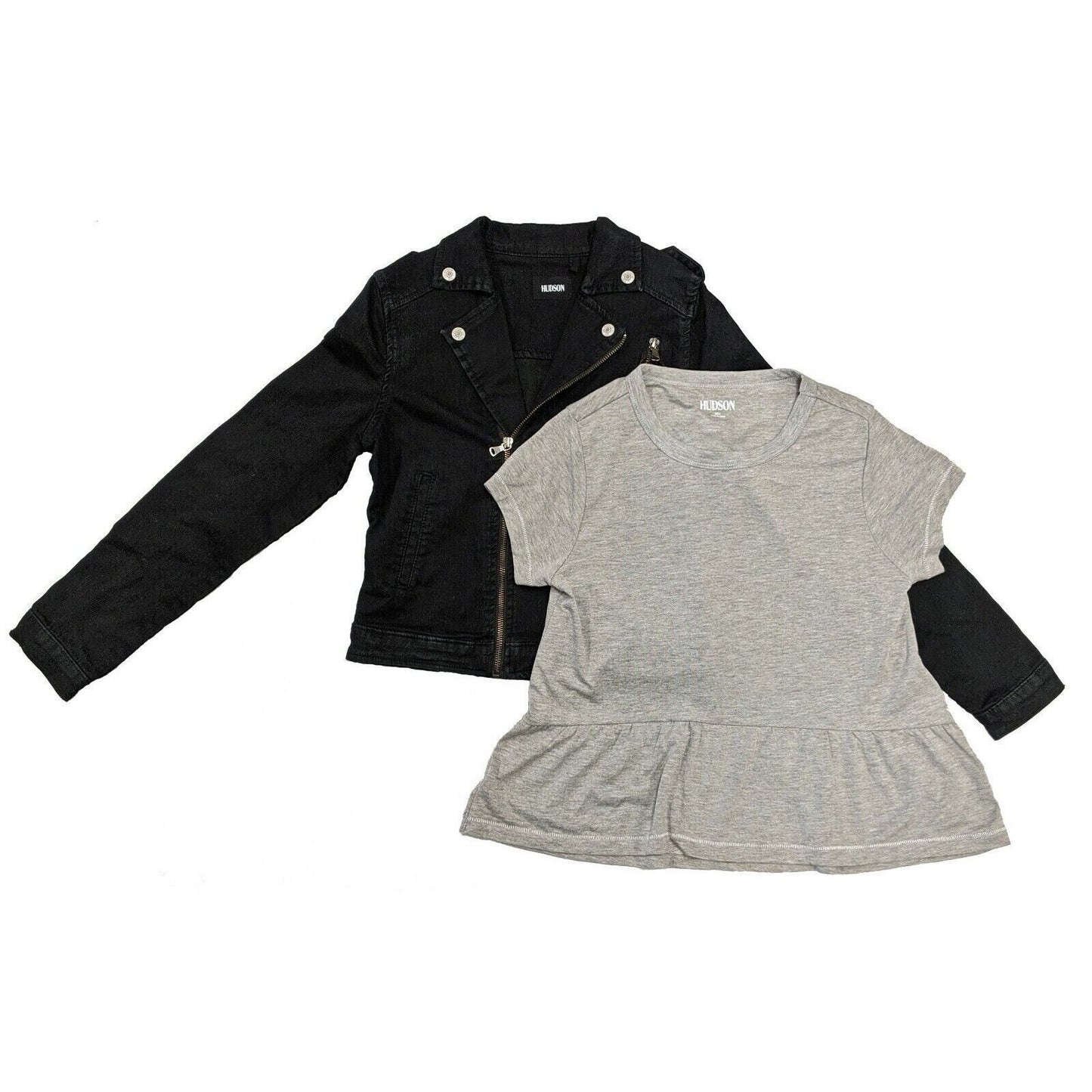 Hudson Kids Girl's 2 Piece Set Denim Jacket and Top, Heather Grey/ Black, M