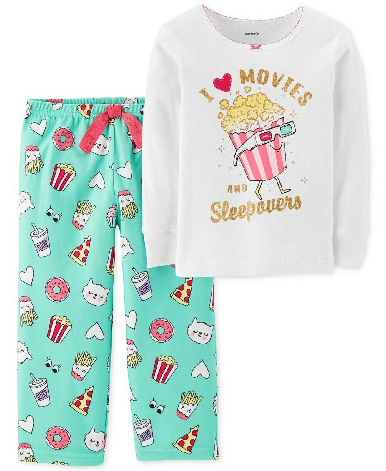Carters Toddler Girls I Love Movies and Sleepovers Fleece Pajama Set, Multi, 2T