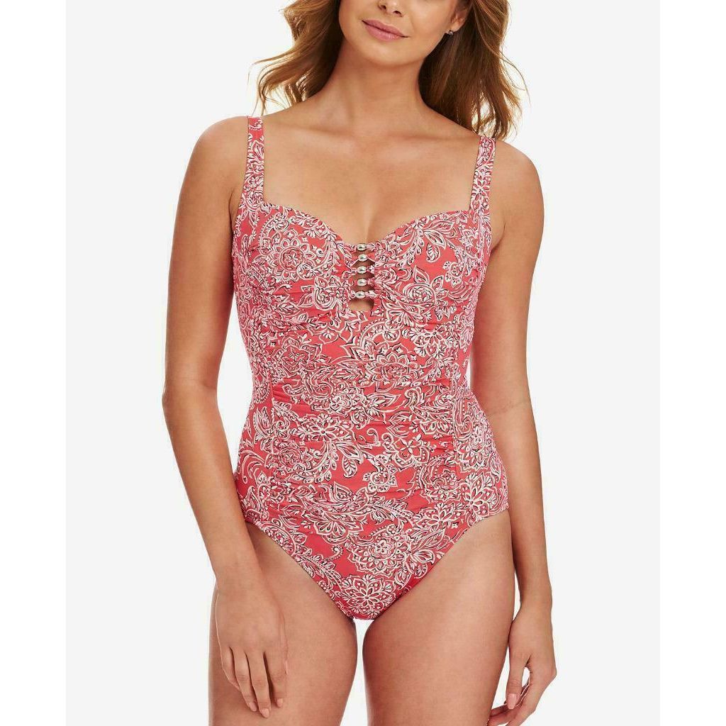 Swim Solutions Tummy-Control Beaded One-Piece Swimsuit, CORAL ORANGE, SZ 10