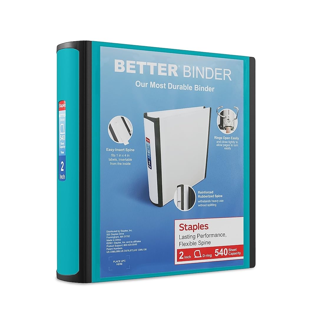 STAPLES 3 Inch BetterView Binder with D-Rings (Teal)