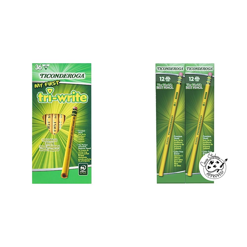 Ticonderoga My First Tri-Write Wood-Cased Pencils, Unsharpened, 2 HB Soft, With Erasers, Yellow, 36 Count