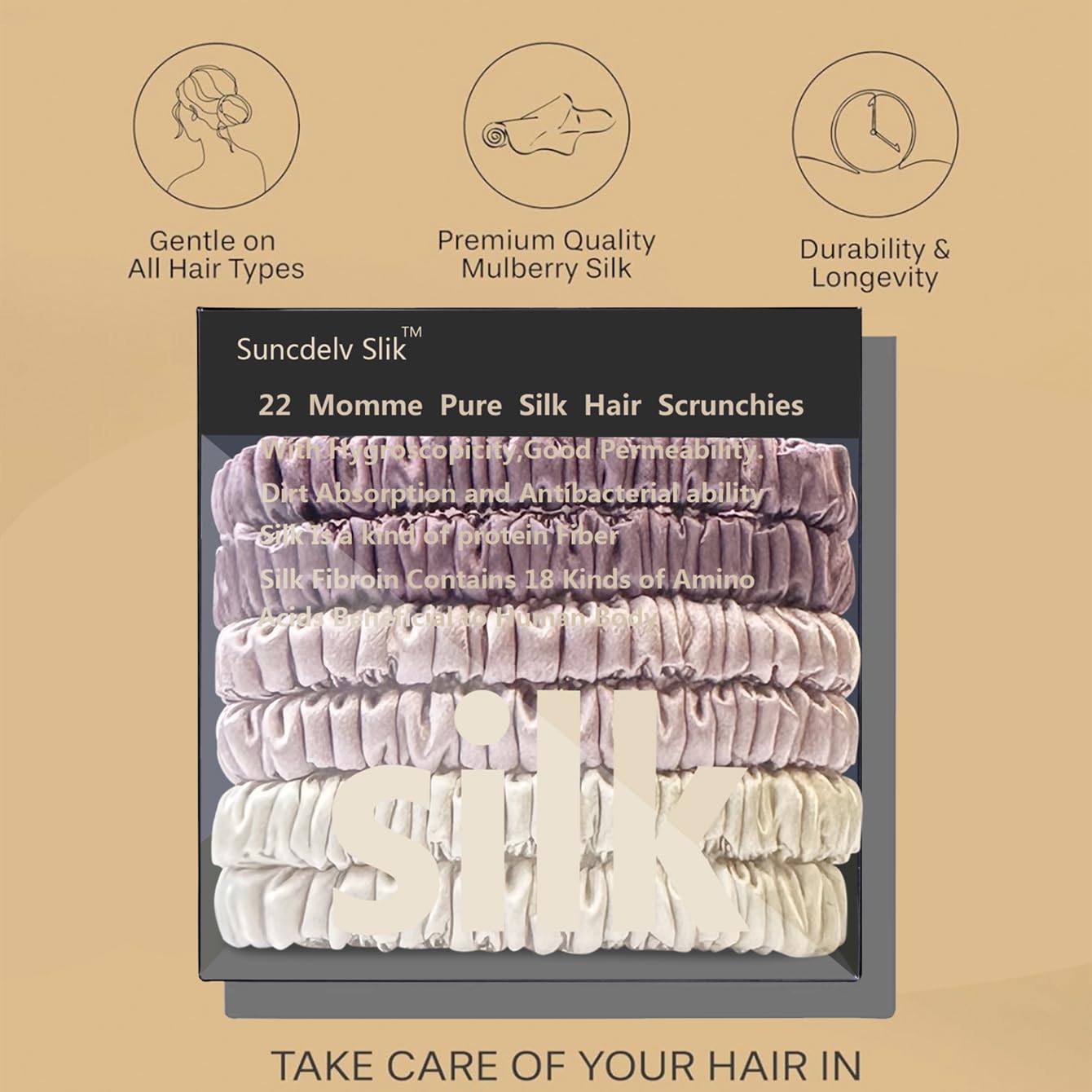Silk Hair Towel, Friction-Resistant, Amino Acid-Rich, Durable, Breathable (6PCS(Bean Paste, Rose Gold, Rice White))
