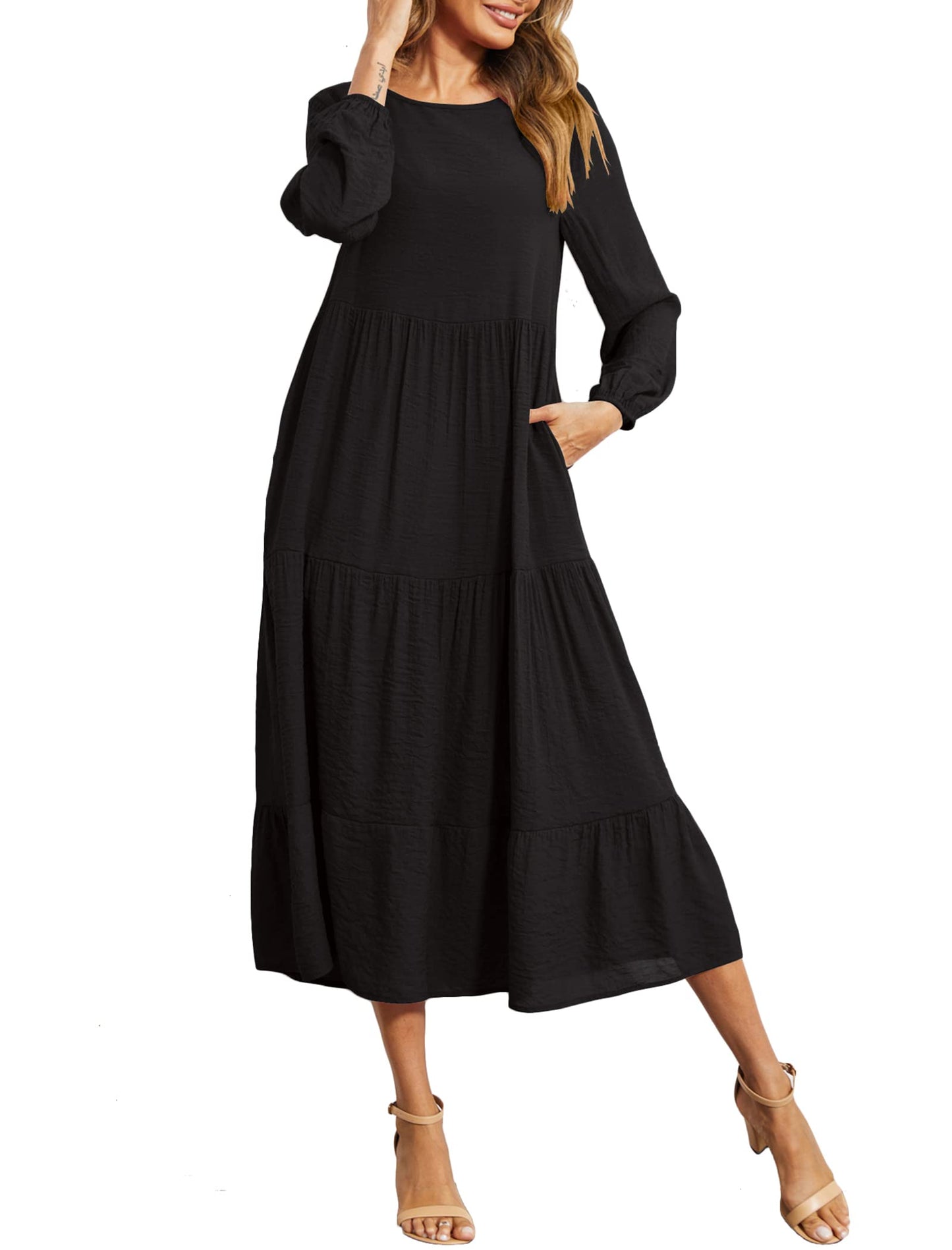 Halife Women's Summer Casual Maxi Dresses Flowy Ruffle Boho Long Dresses with Pockets