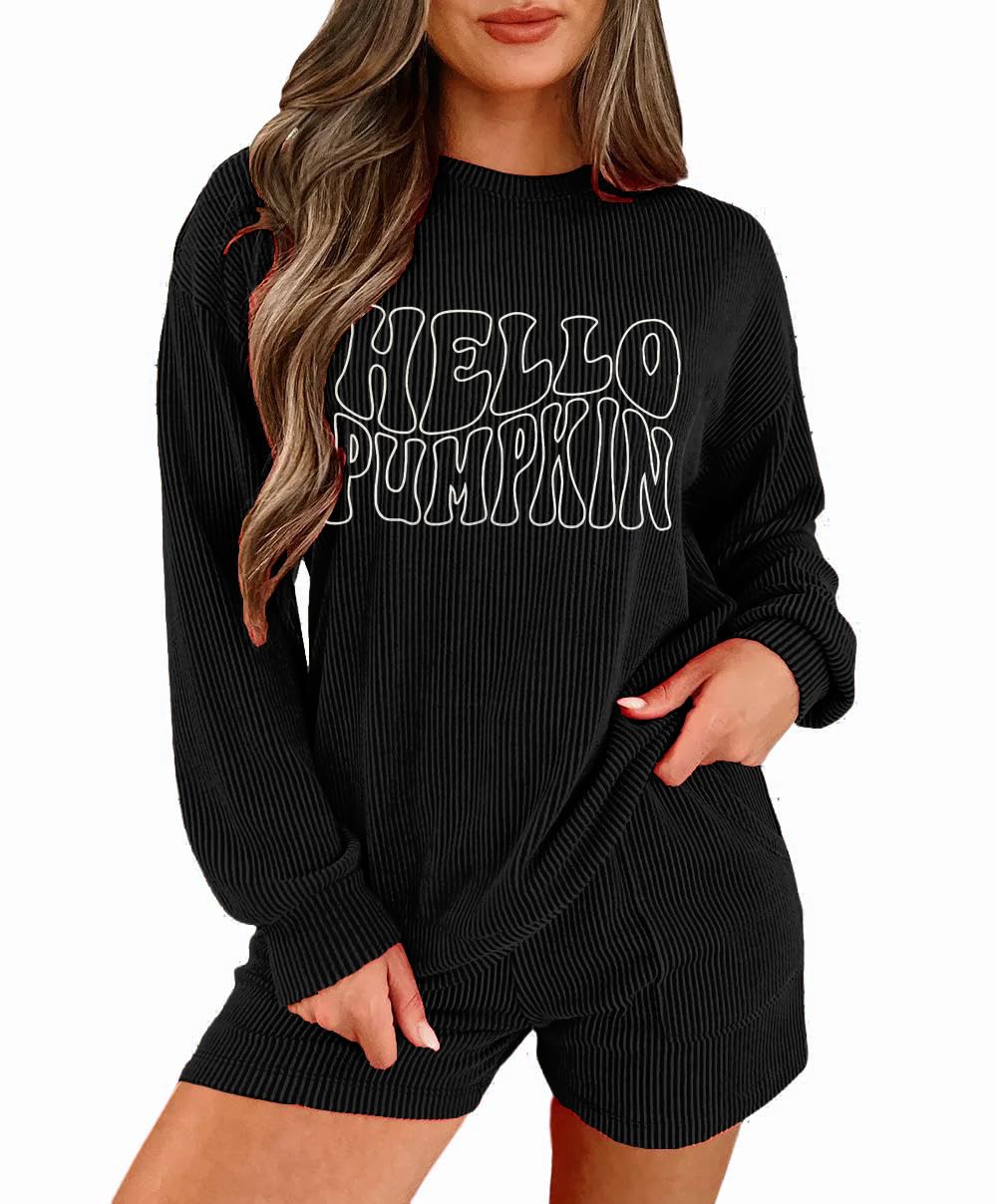 Womens Ribbed Pajama Sets Long Sleeve Top and Shorts Matching Lounge Set Loungewear Sweatsuit with Pockets