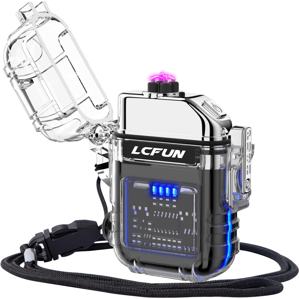 LcFun Waterproof Electric Dual Arc Lighter USB Rechargeable Outdoor Windproof Flameless Plasma Lighters for Camping, Hiking, Adventure, Survival Tactical Gear Gifts for Men