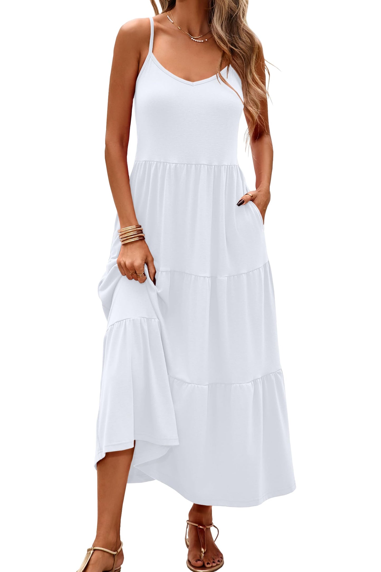 Halife Womens Flowy Tiered Maxi Dress Sleeveless Summer Sundresses Adjustable Straps Long Beach Sun Dresses with Pockets